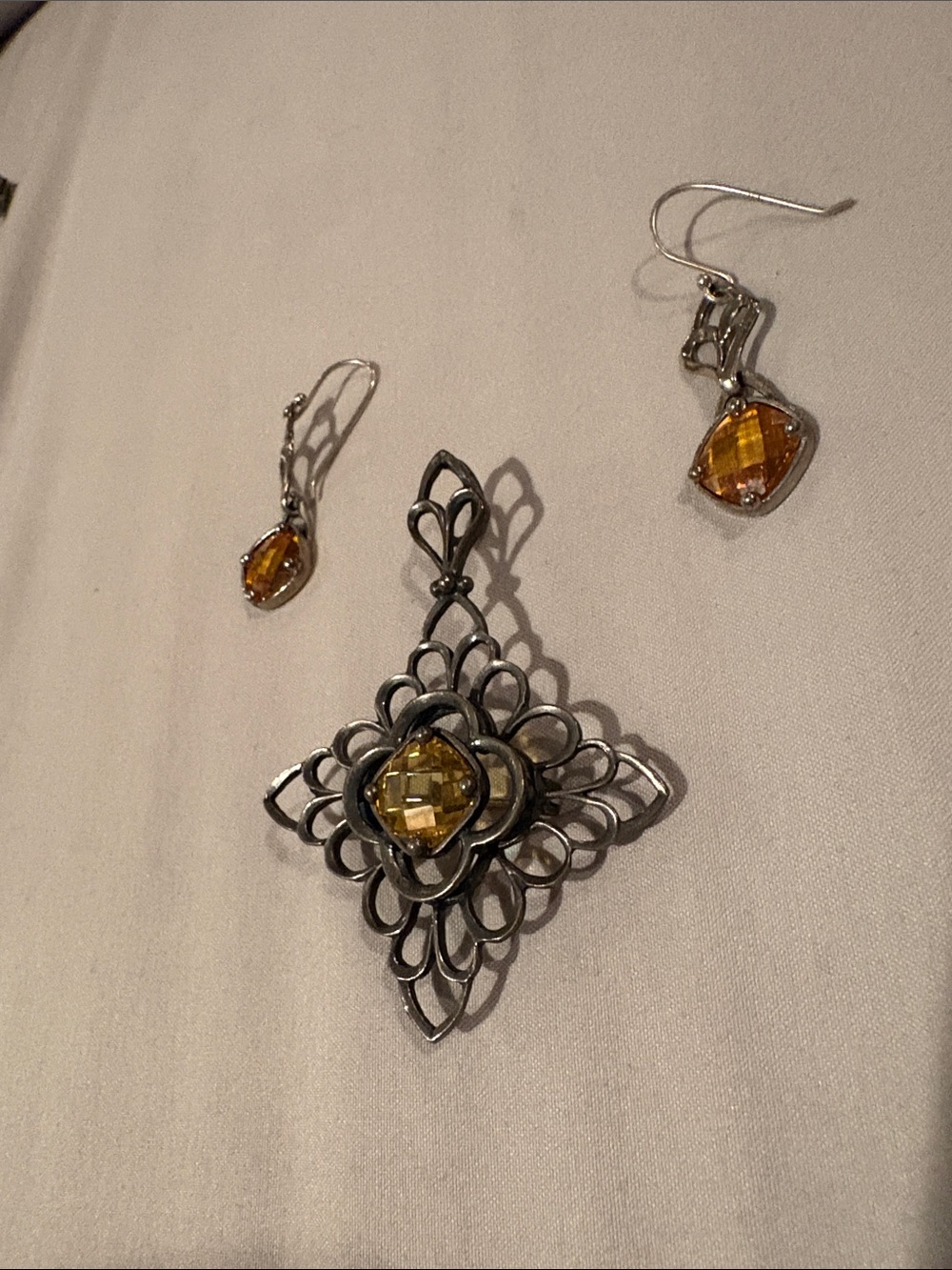 Silpada Sterling Silver Filigree Pendant and Earrings Set with Amber Stones